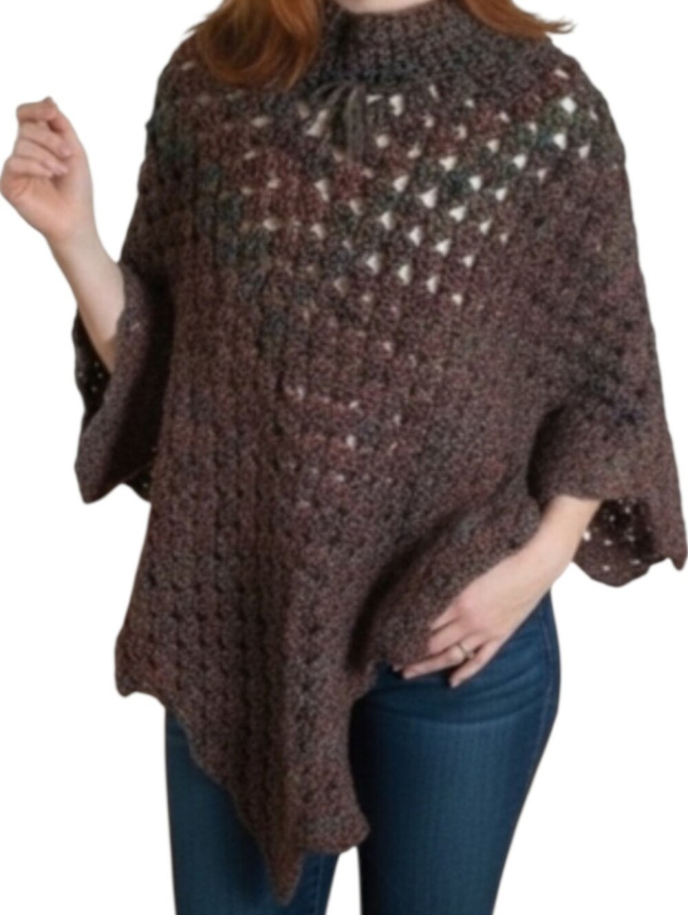 Poncho Crochet Shawl Rich Autumn Colors, Drawstring Cowl Neck Fall Scallop Edge